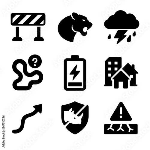 Migration Challenges Icons. Solid, filled icons set of challenges during migration: road barrier, predator