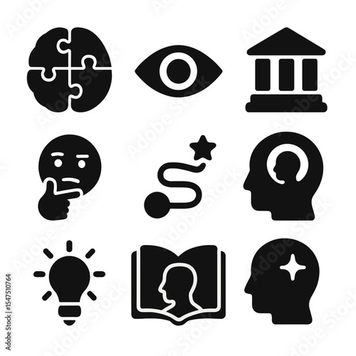Mental Enrichment Icons. Solid, filled icons set of learning for mental enrichment: puzzle brain, curiosity