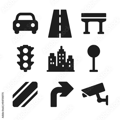 Metropolitan Traffic Icons. Solid, filled icons set of metropolitan highway traffic: car icon, highway lanes,