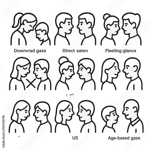 Eye Contact Icons. Outline icon set of cultural eye contact norms: respectful downward gaze, direct stare, fleeting glance,