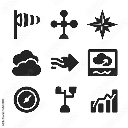 Modern Weather Icons. Solid, filled icons set of wind and weather data: wind sock, anemometer, wind rose,