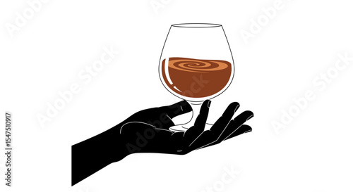 Woman's hand offering a brandy glass with swirling liquid on a white background in minimalistic style