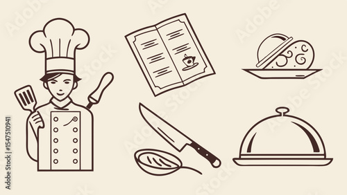 Restaurant and food service icons set: Chef, menu, food, kitchen tools, serving dish outline illustration vector