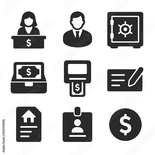 Modern Banking Icons. Solid, filled icons set of banking careers: bank teller, account manager, vault door,