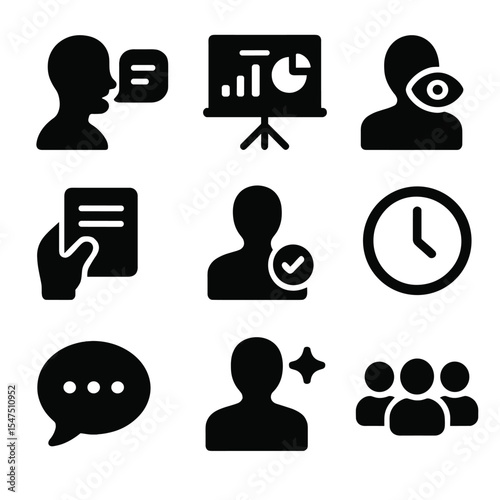 Modern Presentation Icons. Solid, filled icons set of presentation evaluation criteria: speaking icon, visual