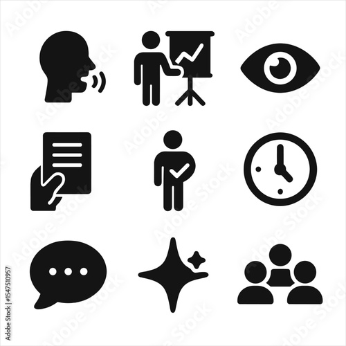 Modern Presentation Icons. Solid, filled icons set of presentation evaluation criteria: speaking icon, visual