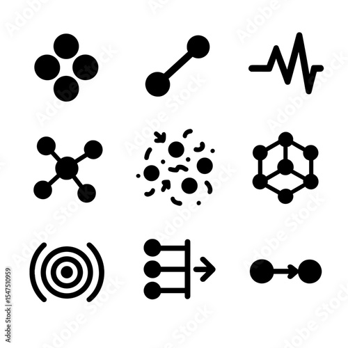Molecular Dynamics Icons. Solid, filled icons set of molecular dynamics: atom cluster, bond line, energy spike
