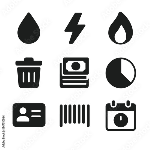 Monthly Utility Icons. Solid, filled icons set of monthly utility expense breakdown: water icon, electricity