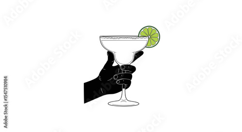 Hand holding a margarita glass with lime slice on a white background in minimalistic style