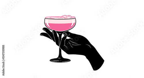 Hand holding a coupe glass with pink foam on a white background in minimalistic style
