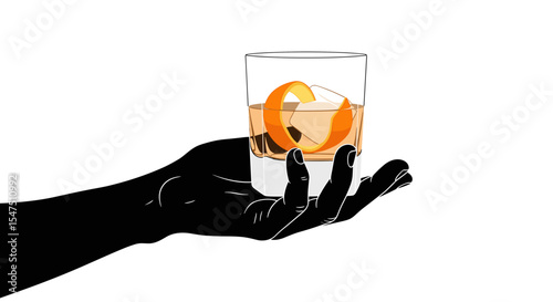 Left hand holding a glass of whiskey with orange peel on a white background in minimalistic style