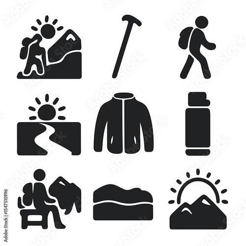 Mountain Adventure Icons. Solid, filled icons set of atmospheric mountain travel: sunrise backpacker, climbing