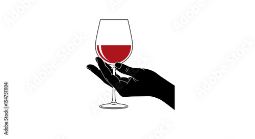 Hand holding a glass of red wine on a white background in minimalistic style