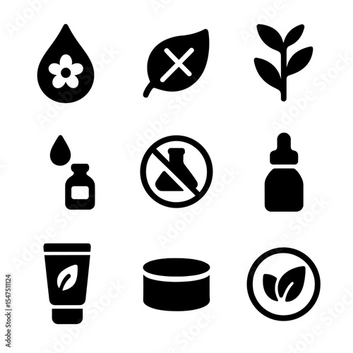 Natural Cosmetics Icons. Solid, filled icons set of natural cosmetics labels: flower drop, non-toxic icon,