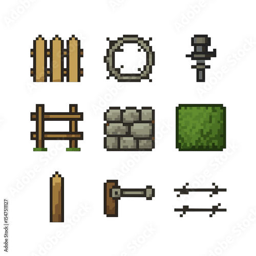 Fence Icons Grid. Pixel art icon set of fence and boundaries: picket fence, barbed wire coil, electric insulator, post and rail,