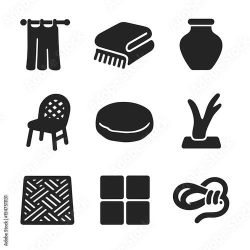Natural Home Decor Icons. Solid, filled icons set of natural home decor materials: linen curtain, wool blanket