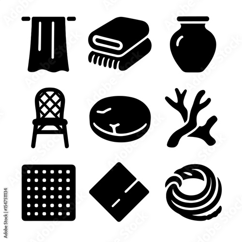 Natural Home Decor Icons. Solid, filled icons set of natural home decor materials: linen curtain, wool blanket