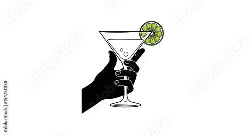 Hand holding a martini glass with lime slice on a white background in minimalistic style