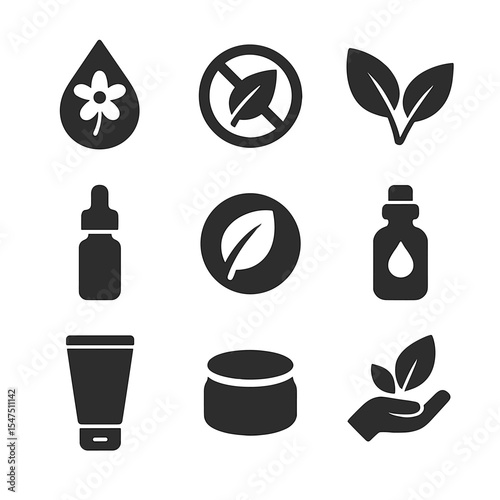 Natural Cosmetics Icons. Solid, filled icons set of natural cosmetics labels: flower drop, non-toxic icon,
