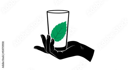 Hand holding a glass with a green leaf on a white background in minimalistic style