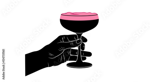 Hand holding a coupe glass with pink foam on a white background in minimalistic style