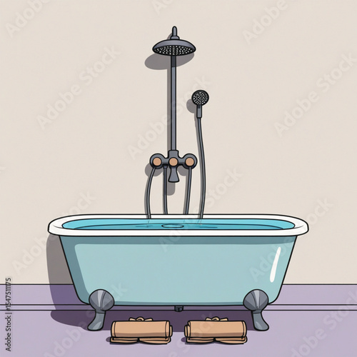 Bathtub with towel isolated on cream background. Bath time in flat style vector illustration