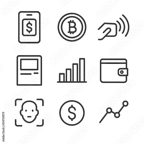 Fintech Icon Grid. Outline icon set of fintech and digital banking: mobile banking app, crypto coin, contactless payment, ATM, bar