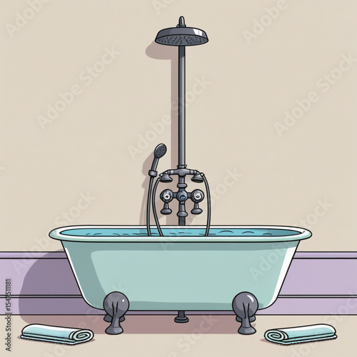 Bathtub with towel isolated on cream background. Bath time in flat style vector illustration