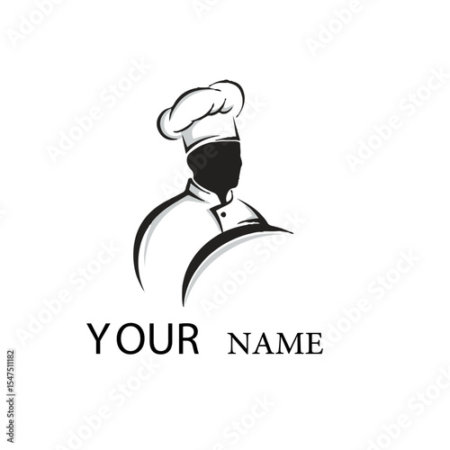 Chef illustration wearing a tall hat and uniform, with space for a name below, Chef logo.