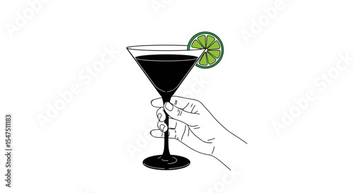 Hand holding a martini glass with lime slice on a white background in minimalistic style