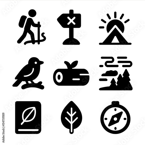 Nature Icons Collection. Solid, filled icons set of peaceful nature exploration: hiker path, trail marker,