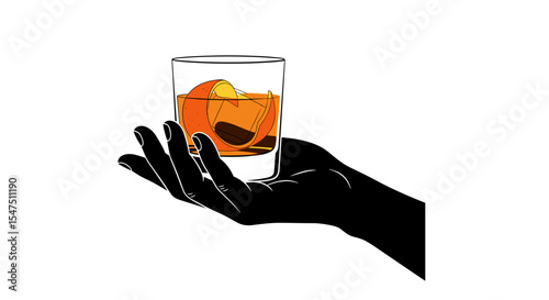 Hand holding a whiskey glass with orange peel and ice on a white background in minimalistic style
