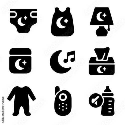 Nighttime Baby Essentials Icons. Solid, filled icons set of nighttime diapering: nighttime diaper, sleep sack,