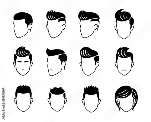 Twelve stylized male head outlines showcasing various modern and classic hairstyles in black and white.