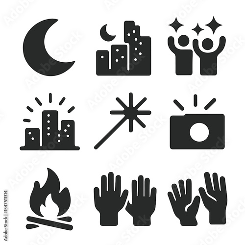 Night Celebration Icons. Solid, filled icons set of night celebration scenes: moon icon, night city, glowing
