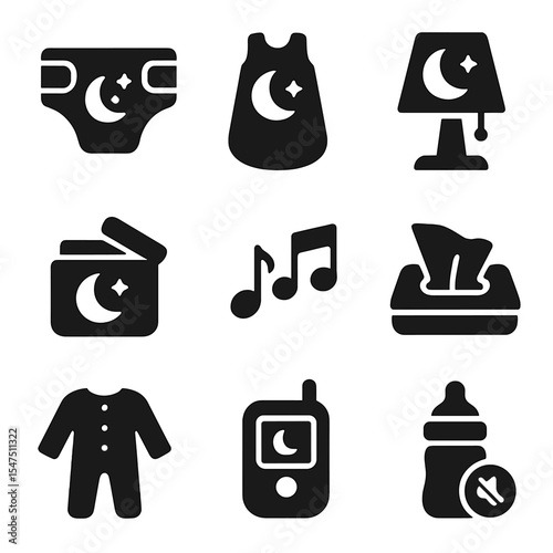 Nighttime Baby Essentials Icons. Solid, filled icons set of nighttime diapering: nighttime diaper, sleep sack,