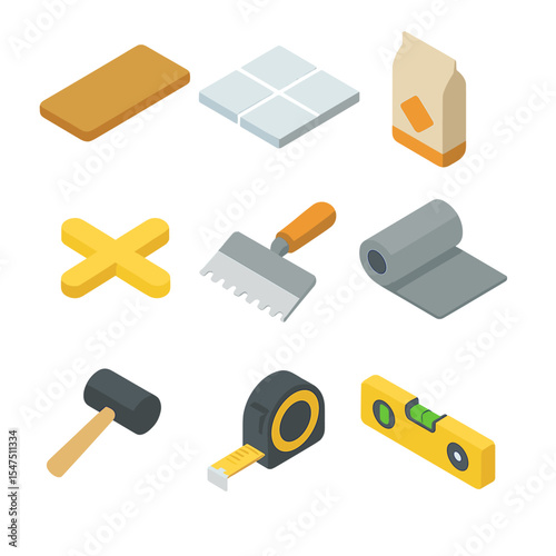 Flooring Tools Icons. Isometric Flat icon set of flooring installation: hardwood plank, ceramic tile, grout bag, tile spacer,