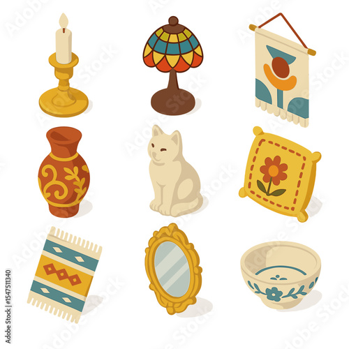 Isometric Flea Market Icons. Isometric Flat icon set of flea market home decor: brass candlestick, stained glass lamp, tapestry