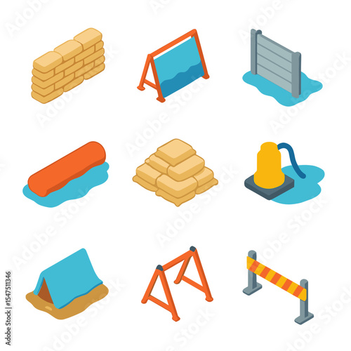 Flood Defense Icons. Isometric Flat icon set of flood barriers and sandbag defense: sandbag wall, portable barrier, steel