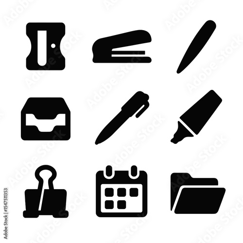Office Desk Tools Icons. Solid, filled icons set of office desk tools: desktop sharpener, stapler, letter