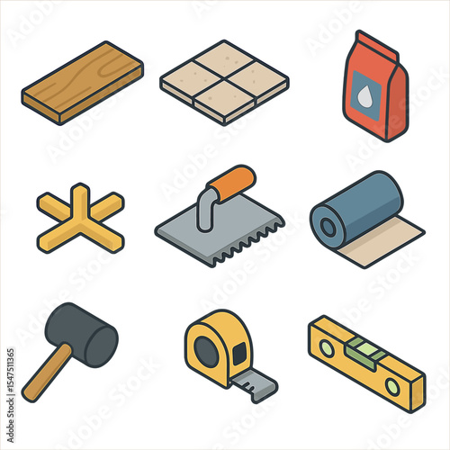 Flooring Tools Icons. Isometric Flat icon set of flooring installation: hardwood plank, ceramic tile, grout bag, tile spacer,