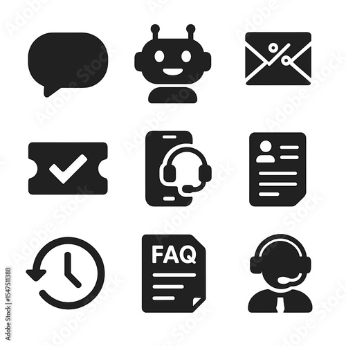 Online Service Icons. Solid, filled icons set of online customer service: chat bubble, chatbot icon, email