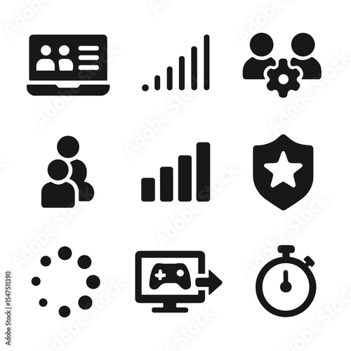 Online Match Icons. Solid, filled icons set of online match systems: lobby screen, ping meter, matchmaking