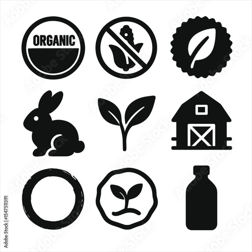 Organic Icon Grid. Solid, filled icons set of organic product labeling: USDA organic seal, no GMO icon, 100%