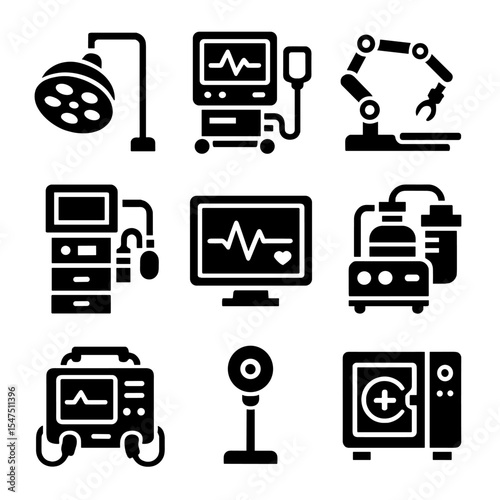 Operating Room Icons. Solid, filled icons set of operating room technology: surgical light, ventilator,