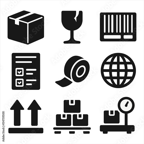 Packaging Design Icons. Solid, filled icons set of packaging design for international shipping: cardboard box,