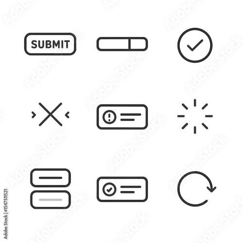 Form Feedback Icons. Outline icon set of form submission feedback: submit button, progress bar, success checkmark, error shake,