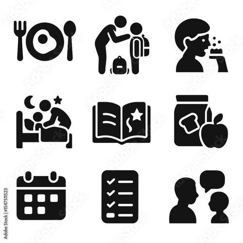 Parenting Rituals Icons. Solid, filled icons set of everyday parenting rituals: breakfast table, school prep,