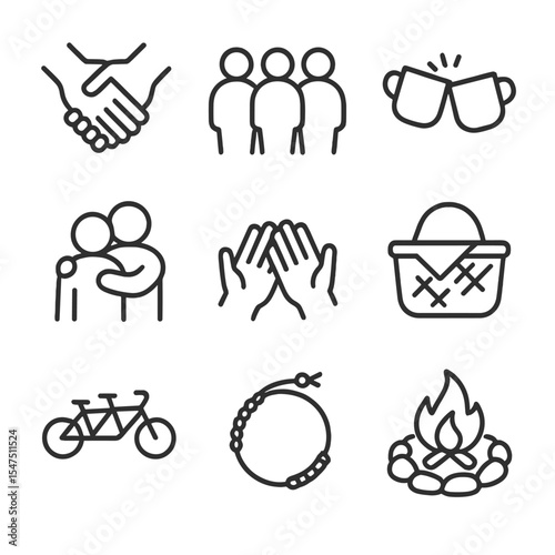 Friendship Symbols Grid. Outline icon set of friendship and togetherness: linked hands, group of three, shared coffee cups, hug