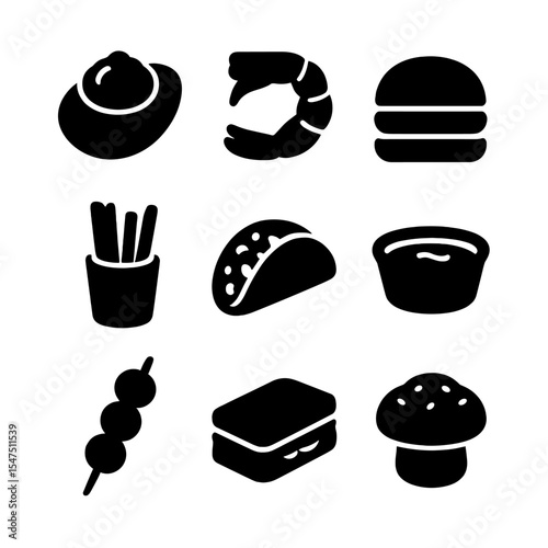 Party Platter Icons. Solid, filled icons set of party platter starters: deviled egg, cocktail shrimp, slider